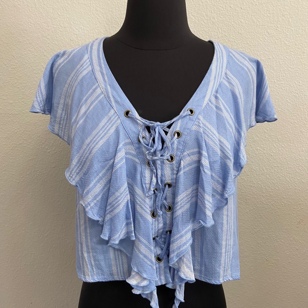 Show Me Your Mumu Women Medium Blue Striped Lace Up Crop Top Ruffle Boho